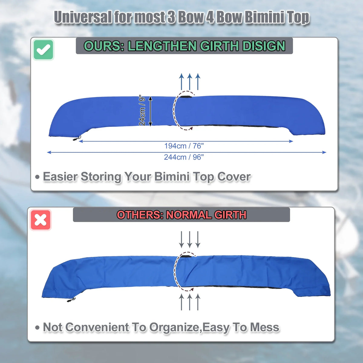 craft Bimini Top Storage Boot with Light Hole 600D Polyester Canvas Blue 91"-96" W for 3 Bow 4 Bow
