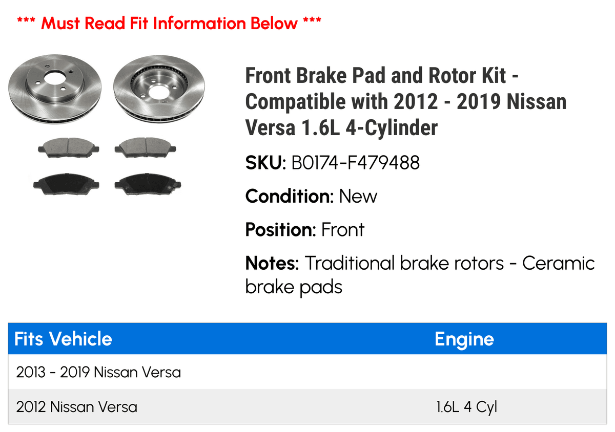 Front Brake Pad and Rotor Kit - appropriate with 2012 - 2019 Nissan Versa 1.6L 4-Cylinder 2013 2014 2015 2016 2017 2018