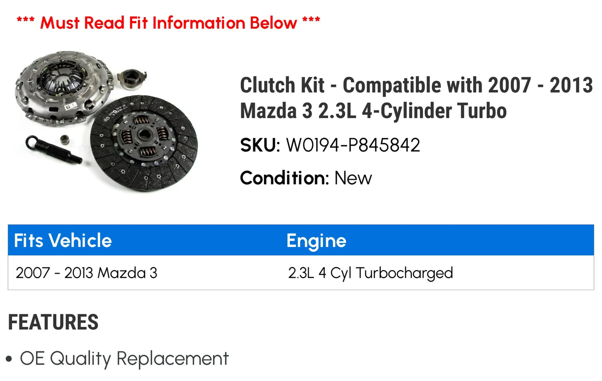 Clutch Kit - appropriate with 2007 - 2013 Mazda 3 2.3L 4-Cylinder Turbo 2008 2009 2010 2011 2012