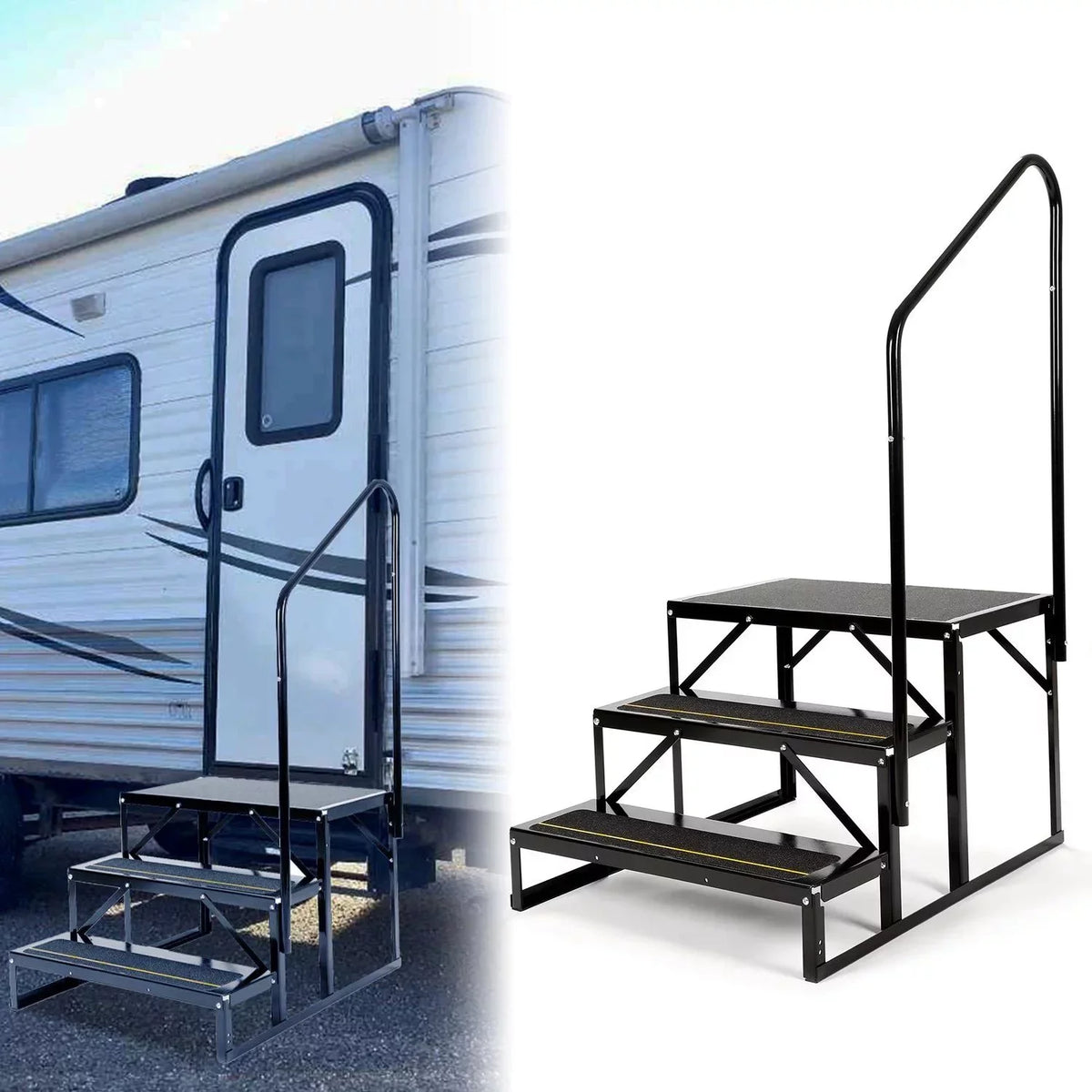 HECASA Universal 3 Steps Stairs Steel for RV Travel Trailer Camper Trailer W/ Side Load Hand-railing Armrest Hand Rail
